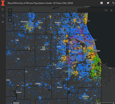Dot map showing different color dots for different racial/ethnic groups (for children under age 18) in the Chicago area