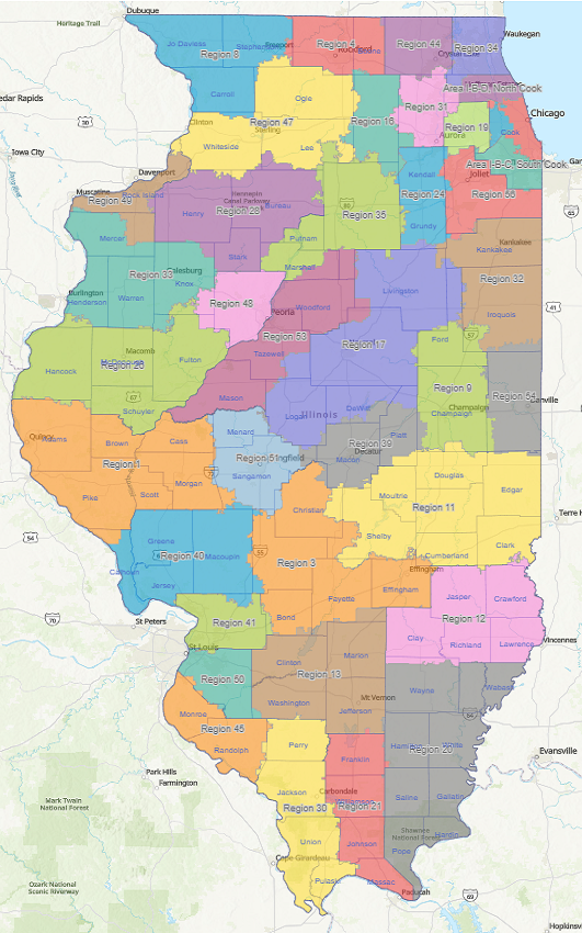 A map showing Illinois county and Birth to Five Council region divisions