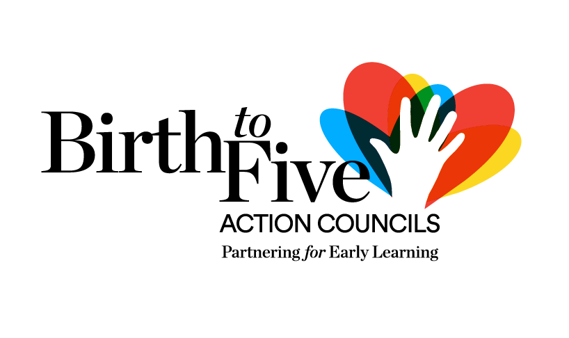 Logo for the Birth to Five Action Councils showing a hand covering a multicolored "burst" of heart-shaped petals.