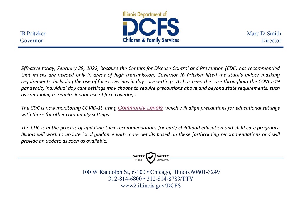 Notice on DCFS Letterhead that Governor Pritzker has lifted indoor masking requirements for day care settings.