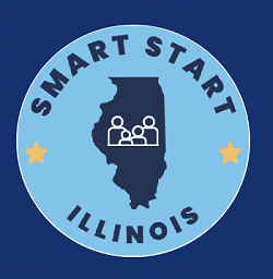 Circle with the words "Smart Start Illinois" and the shape of the state of Illinois in the middle. At the center of the circle there is a group family icon.