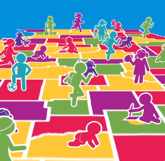 Cartoon figures of children dancing on multi-colored carpet map of Illinois