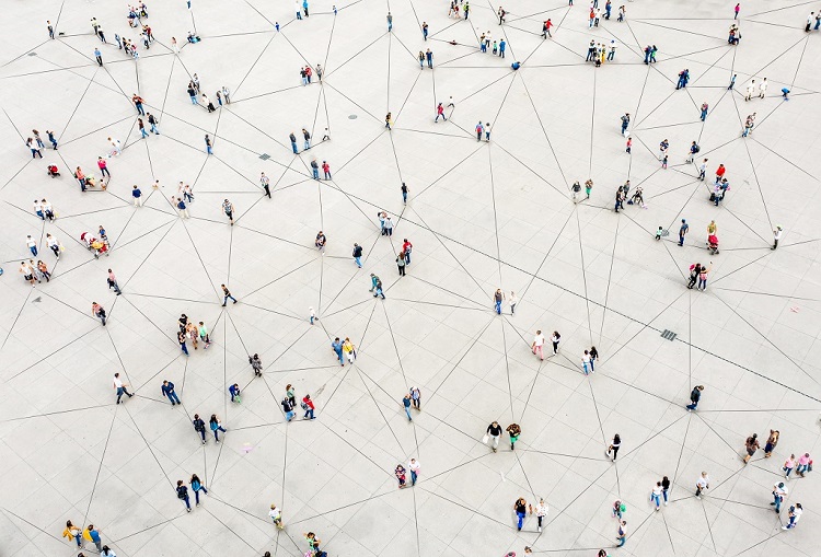 Aerial view of people on a white background, connected by lines