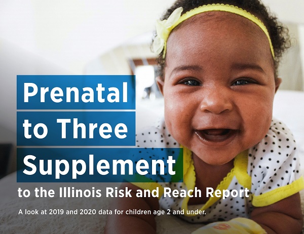 Cover of the Risk and Reach Prenatal to Three Supplement to the Illinois Risk and Reach Report showing a smiling baby on tummy looking at camera with yellow ribbon in hair.