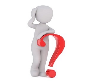 Cartoon figure leaning on a large question mark