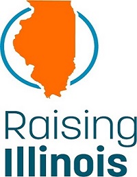 Raising Illinois logo with state of Illinois in orange and a blue circle around it.