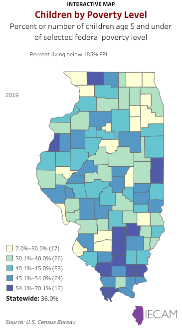 Map of Illinois divided by counties showing the percent of children age 5 and under of selected federal poverty level